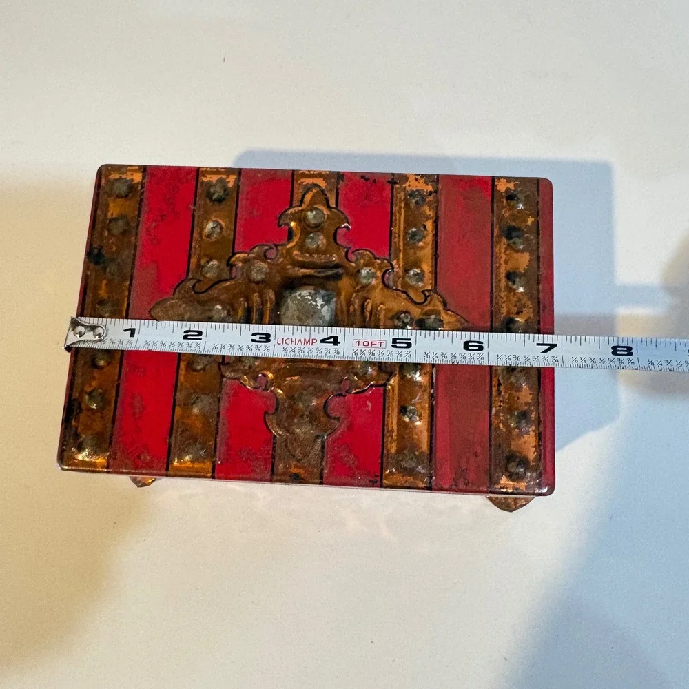 Vintage Fricke & Nacke Western Germany Tin Jewelry Box Red Orange Striped Casket